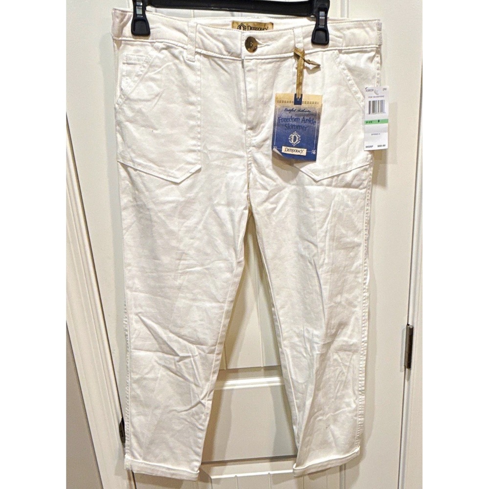 Democracy Women's White Skinny Ankle Pants FlatFront StretchPockets Cotton 8 NWT